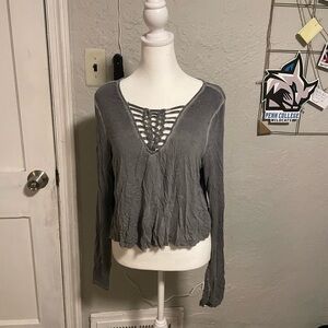 Elegant Charcoal Long Sleeve V-Neck Top